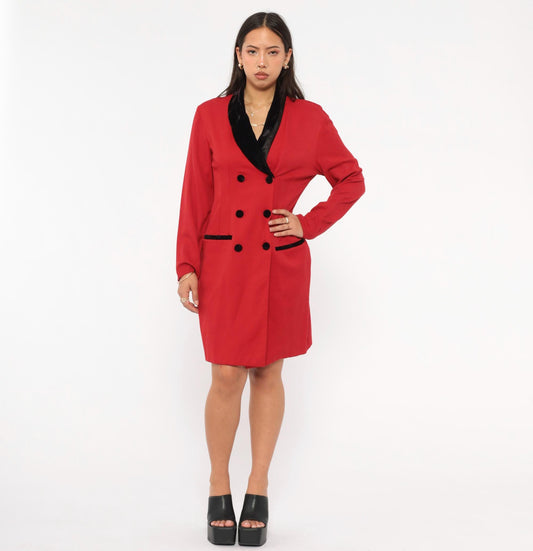 90s Scarlett Red Double Breasted Blazer Dress Velvet Collar Knee Length Small
