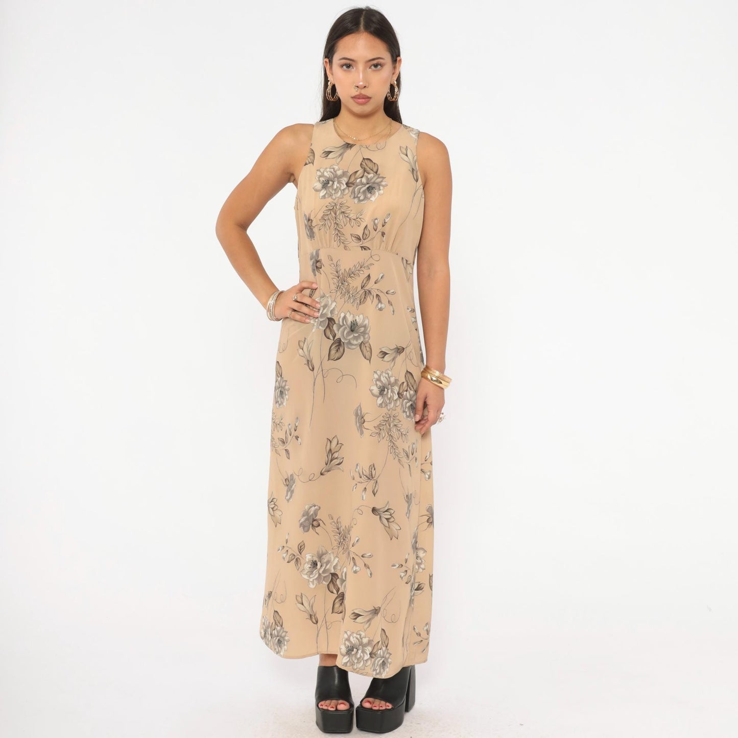 90s Byer Too! Floral Maxi Dress Beige Taupe Sleeveless Medium M