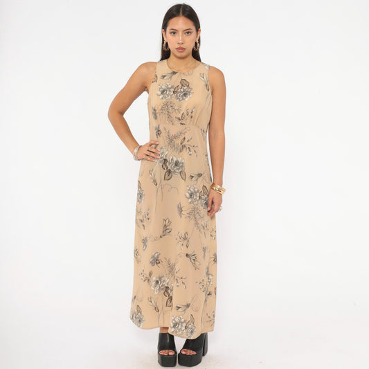 90s Byer Too! Floral Maxi Dress Beige Taupe Sleeveless Medium M