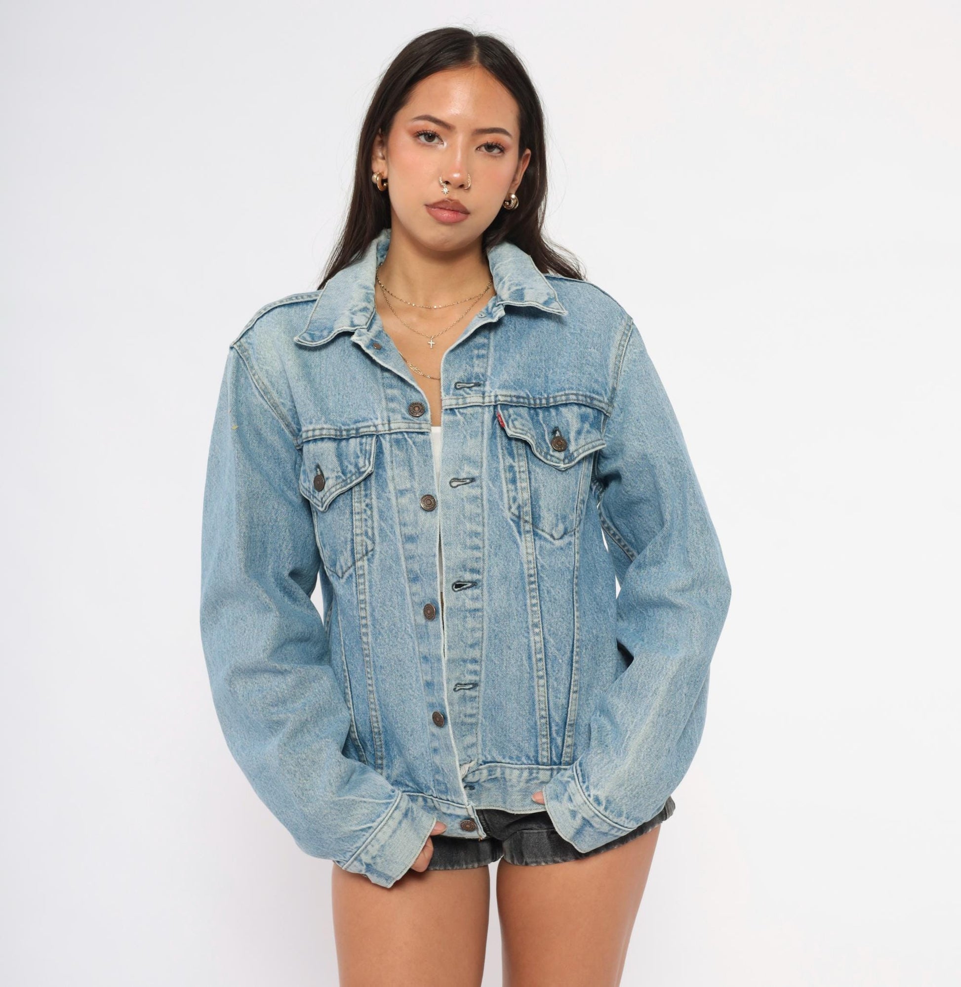 70s Levis Trucker Jacket Light Blue Denim Cotton Button Front Medium