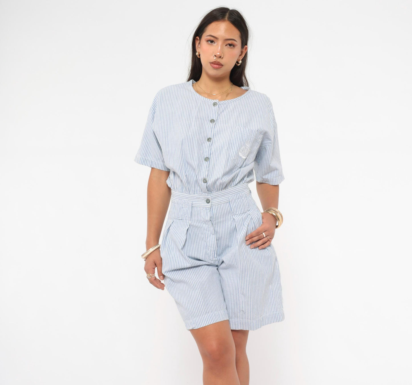 80s FADS Blue White Pinstripe Cotton Romper Pleated High-Rise Small S