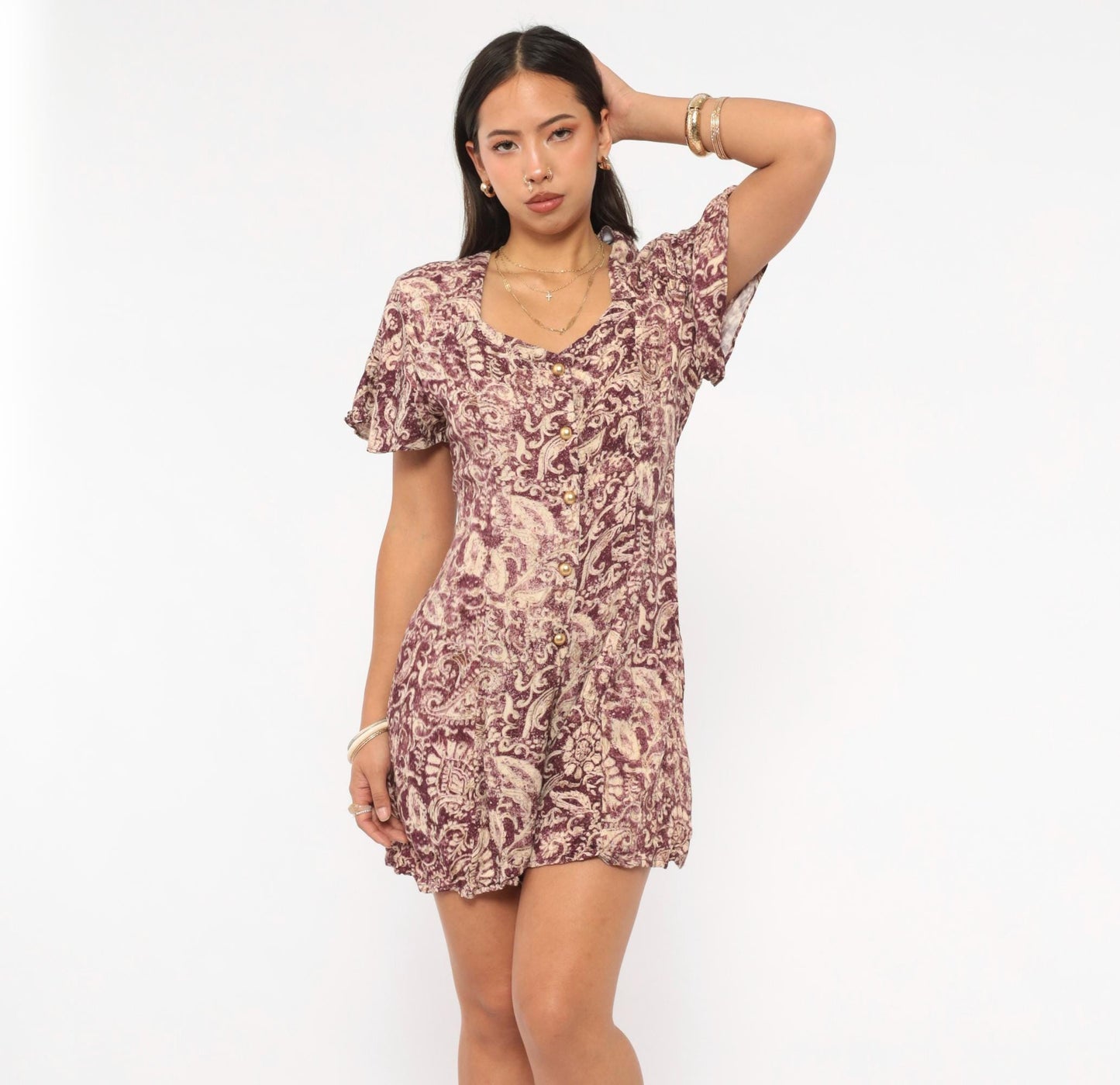 90s Caroline Wells Paisley Romper Burgundy Cream Flutter Sleeve Small