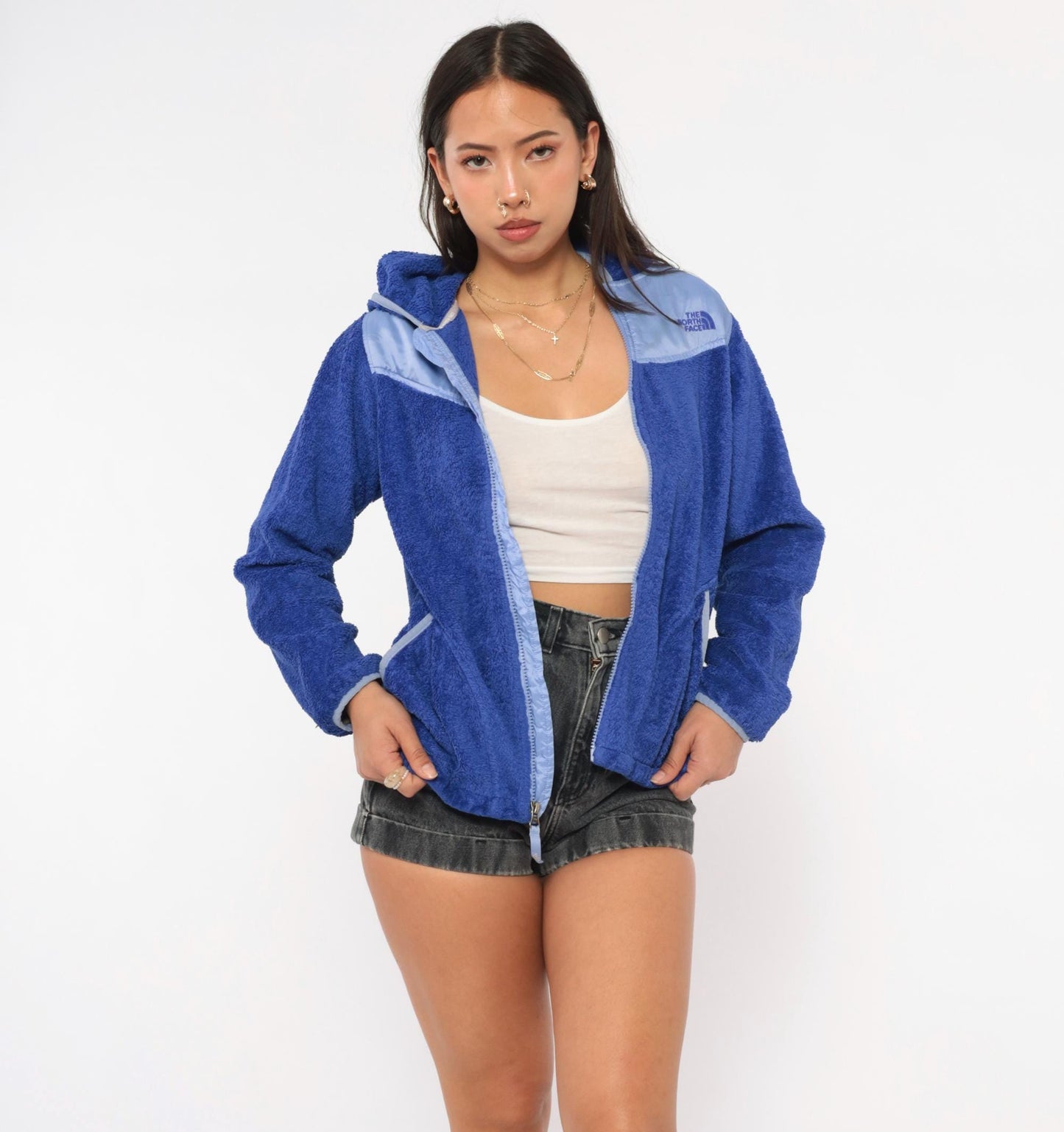 Y2K North Face Cobalt Blue Sherpa Fleece Hooded Jacket Small S