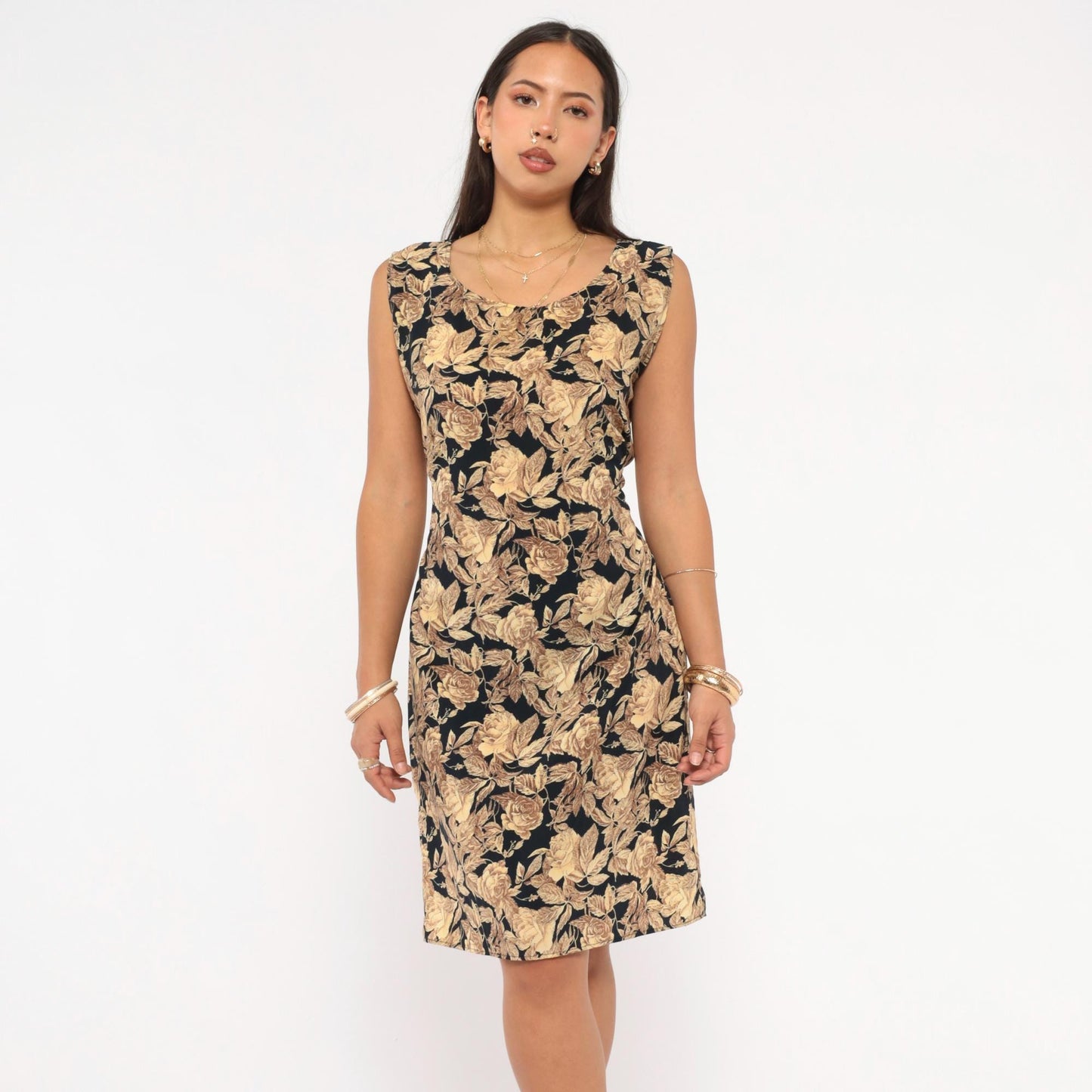 90s Golden Rose Print Sleeveless Dress Black Tan Knee-Length Small S