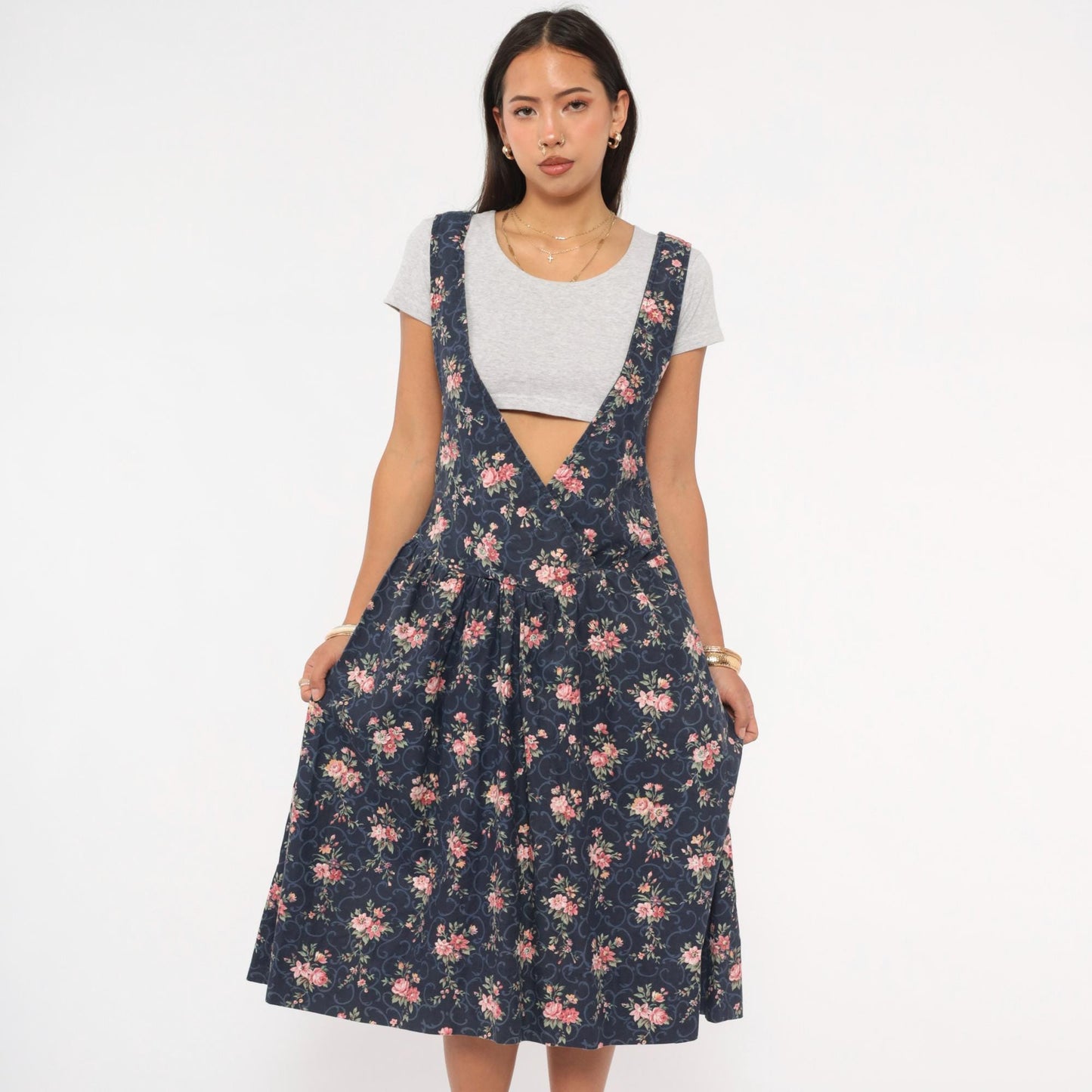 90s Navy Floral Pinafore Dress Pink Rose Print Mid-Calf Gathered Jumper XS