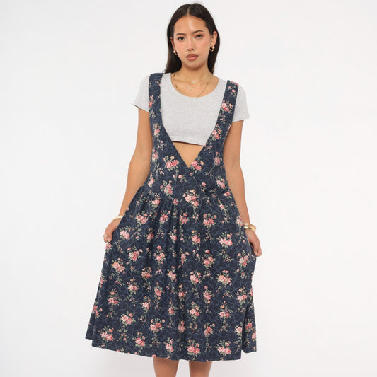 90s Navy Floral Pinafore Dress Pink Rose Print Mid-Calf Gathered Jumper XS