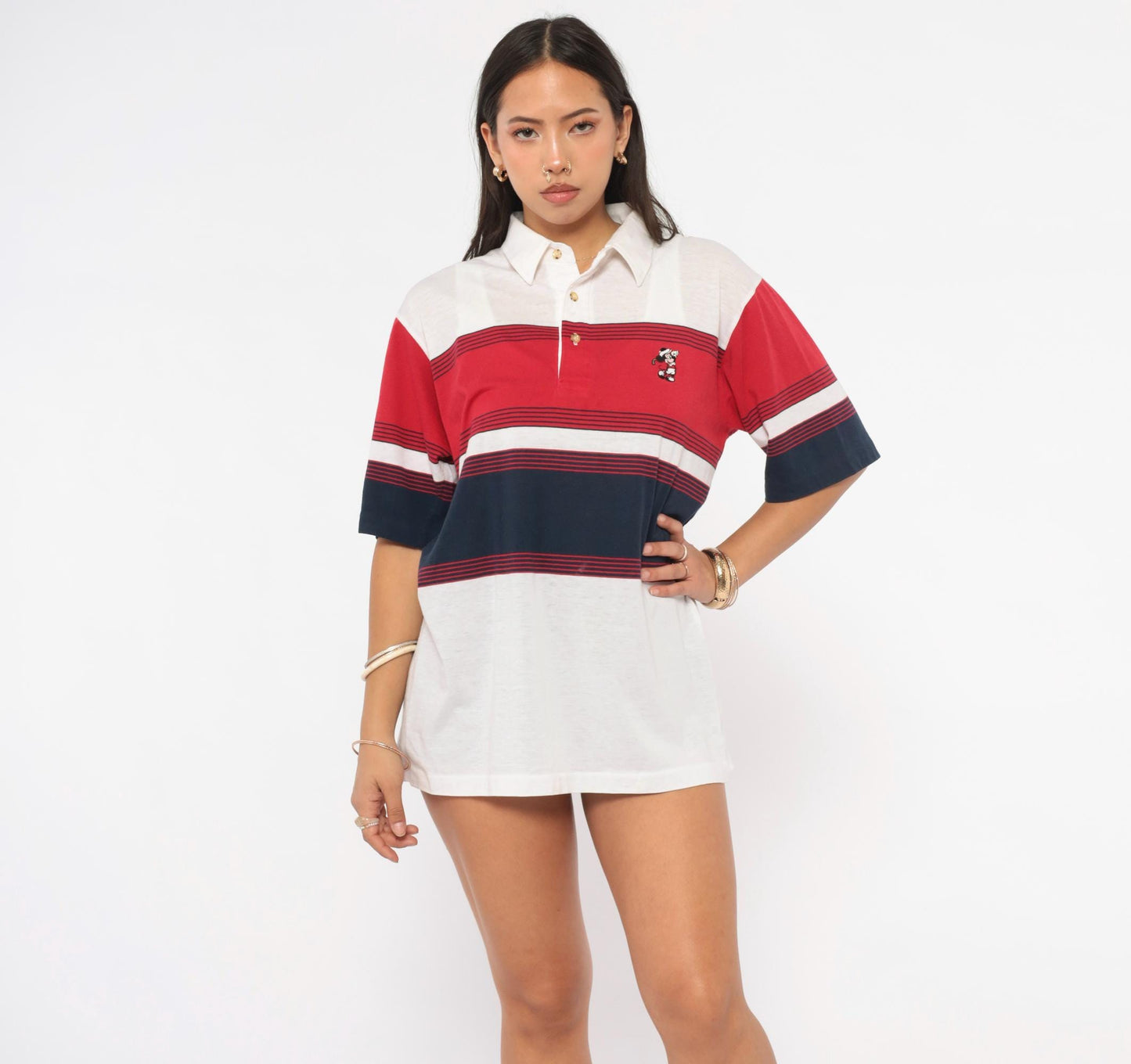 90s Aureus Mickey Mouse Polo Shirt Red Navy Striped Embroidered Medium