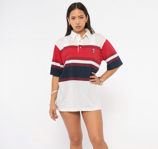 90s Aureus Mickey Mouse Polo Shirt Red Navy Striped Embroidered Medium