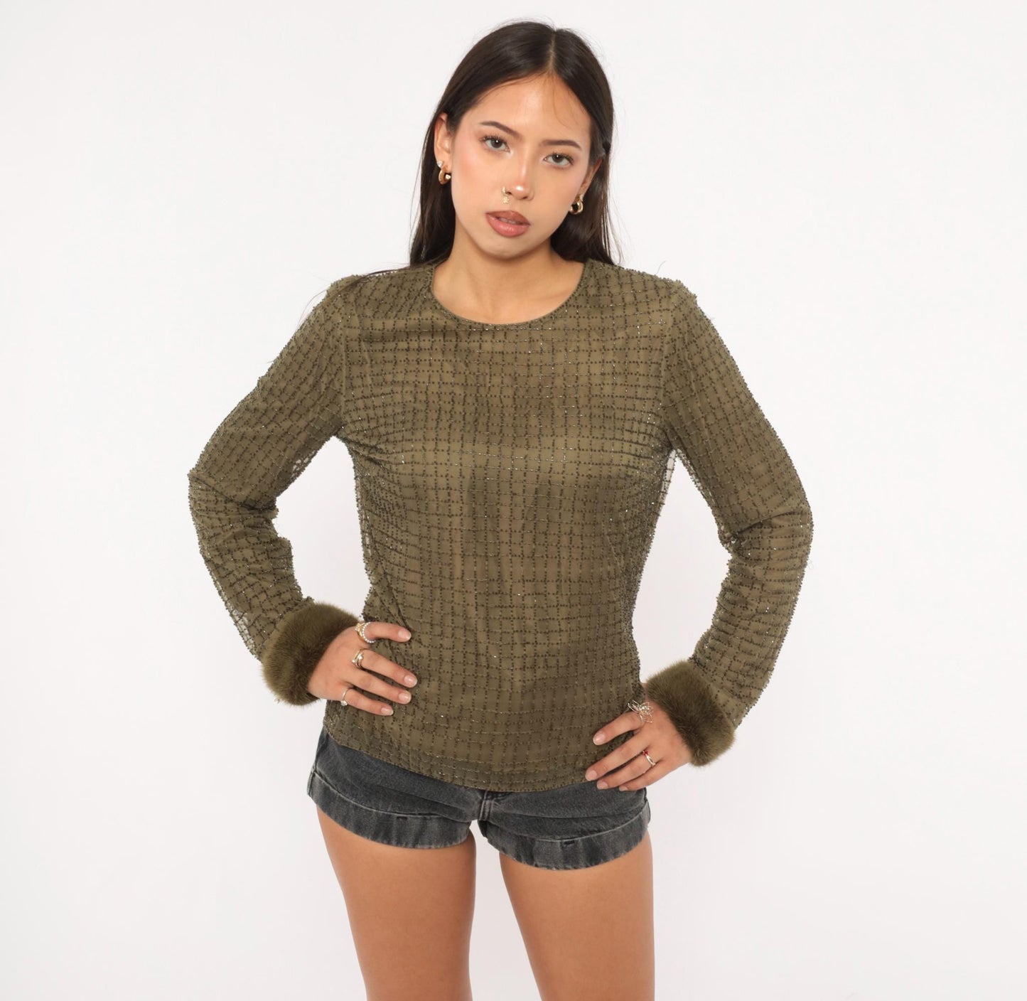2000s Chetta B Olive Beaded Mesh Top Fur Cuff Blouse Medium M
