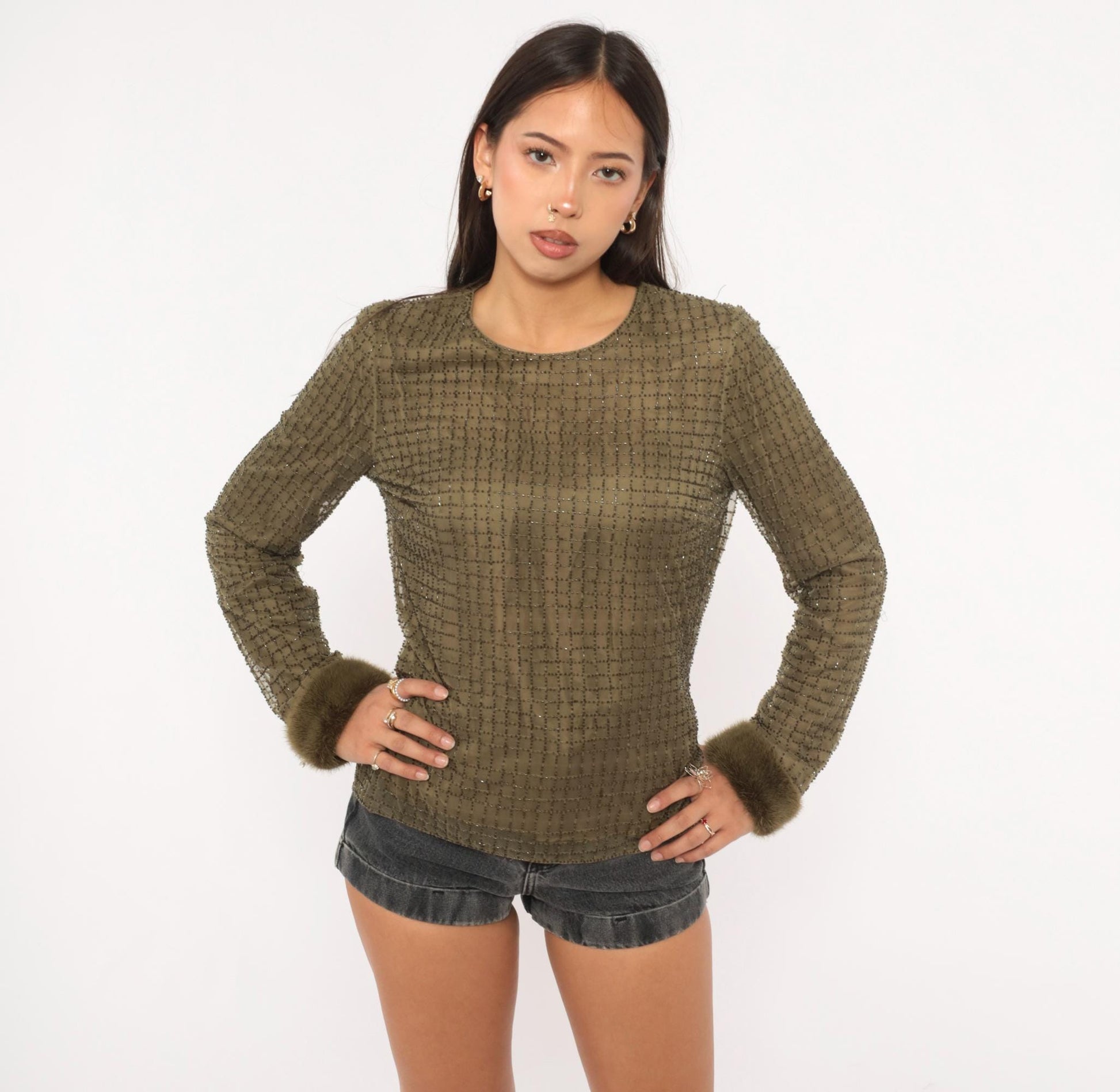 2000s Chetta B Olive Beaded Mesh Top Fur Cuff Blouse Medium M