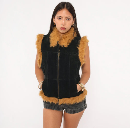 Y2K Jennyfer J Black Leather Vest Tan Faux Fur Trim Zip Front Medium