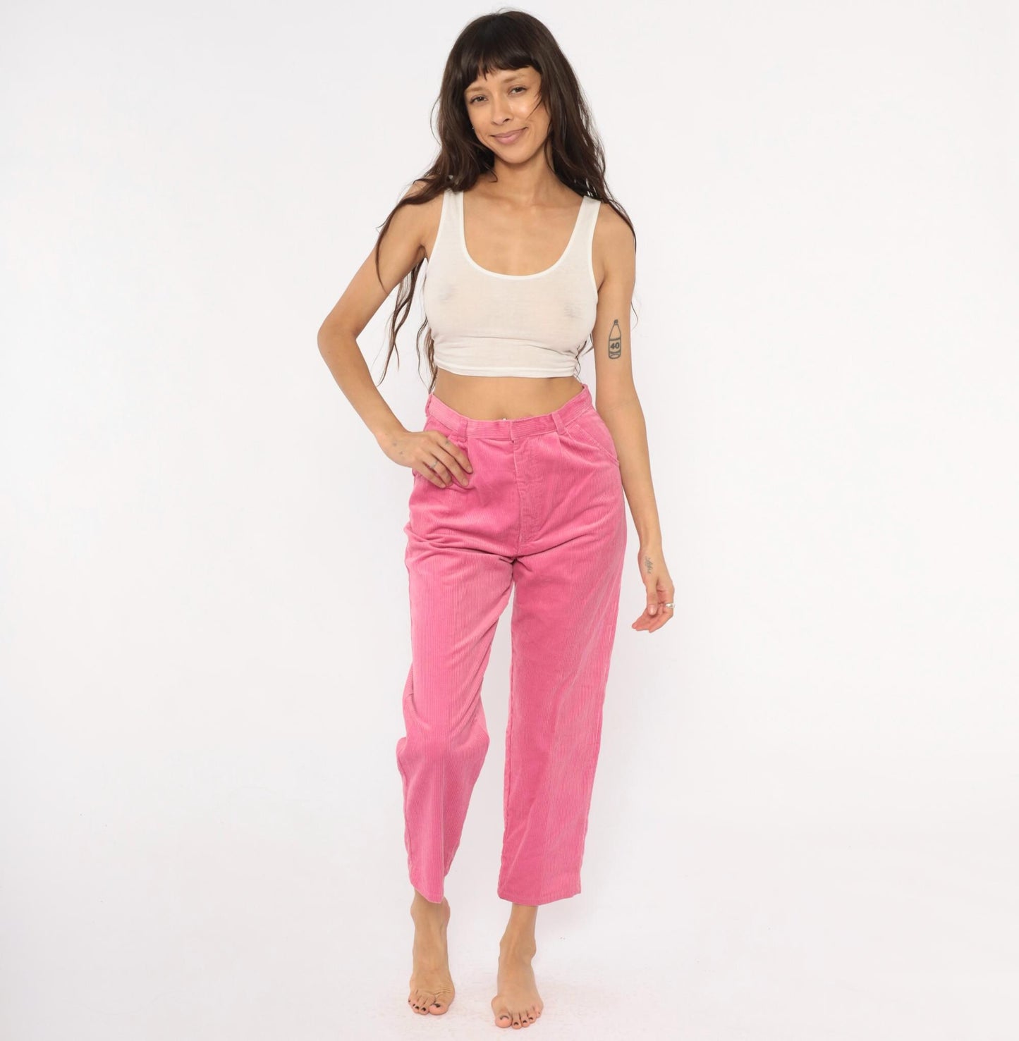 90s Sears Pretty Plus Pink Corduroy Tapered Trousers High Waist Pleated Small