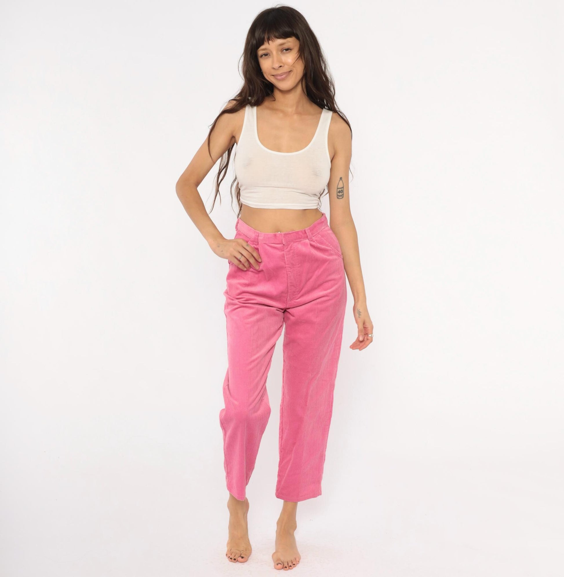 90s Sears Pretty Plus Pink Corduroy Tapered Trousers High Waist Pleated Small