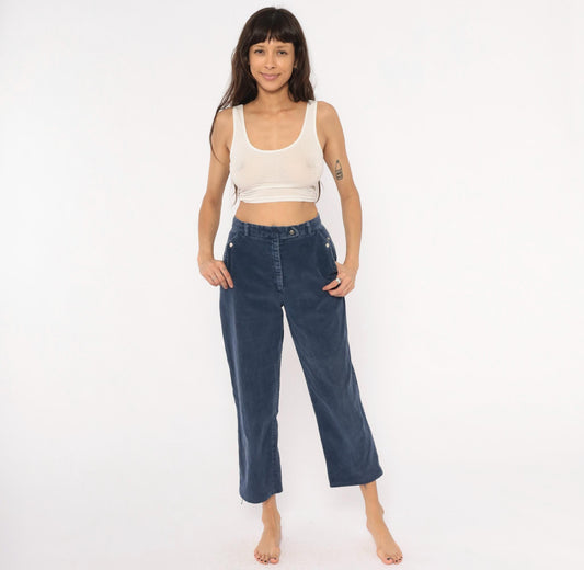 80s Tomboy Navy Corduroy Trousers High Waist Cropped Straight Leg Small