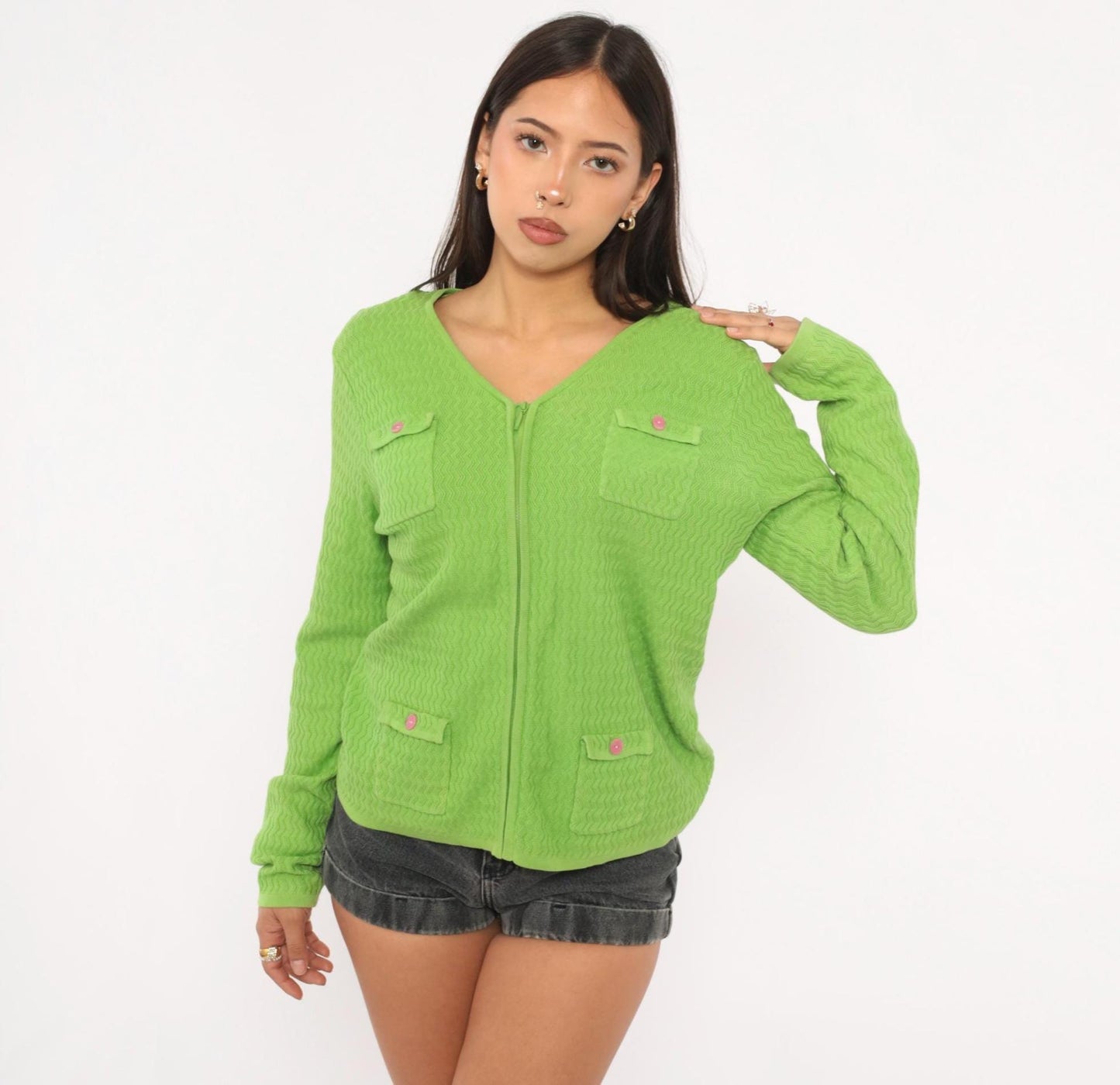 90s Sag Harbor Lime Green Chevron Cardigan Pink Button Pockets Medium M