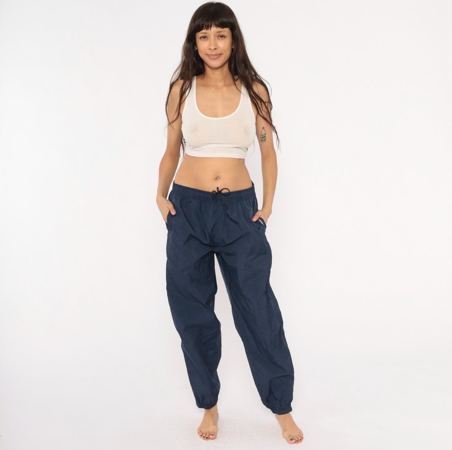2000s Reebok Navy Nylon Track Pants Elastic Cuff Athletic Medium M