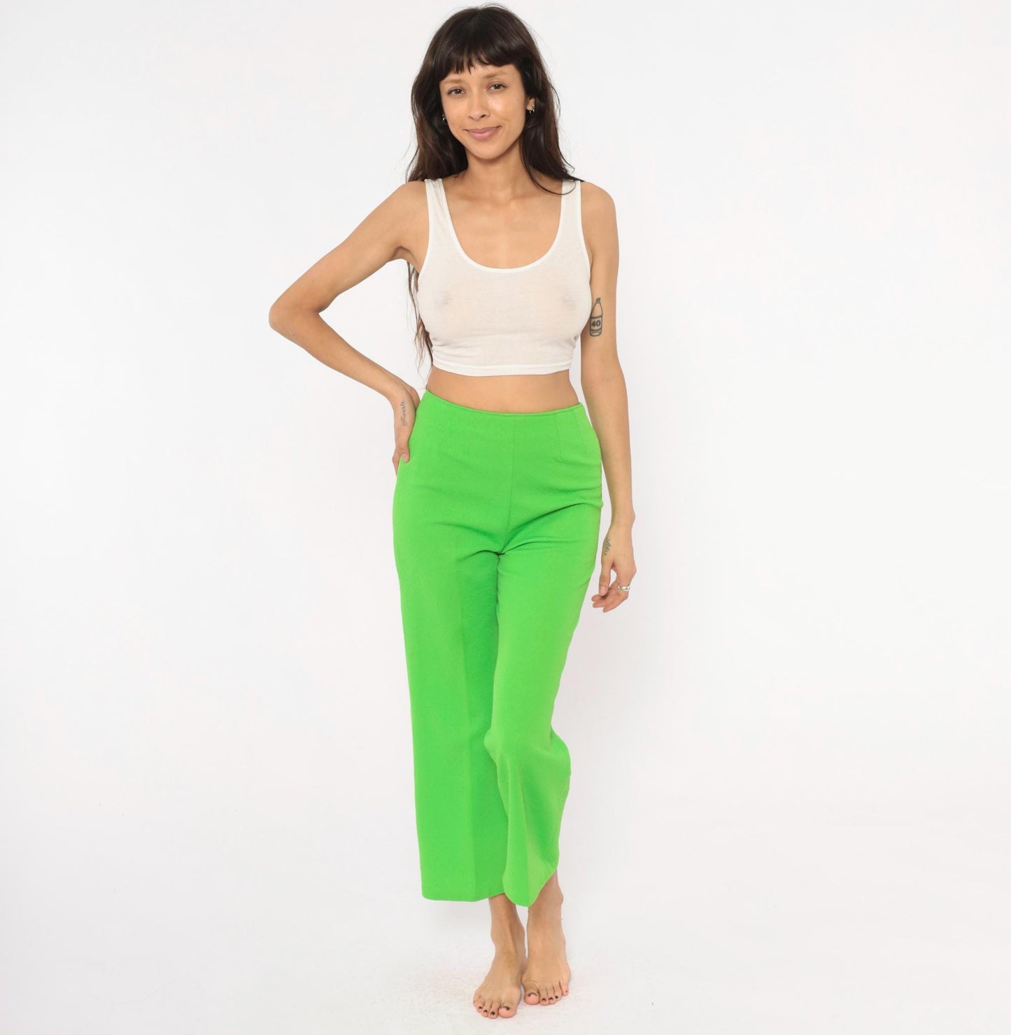 70s Lime Green High-Waist Wide Leg Flare Pants Ankle Length Small S