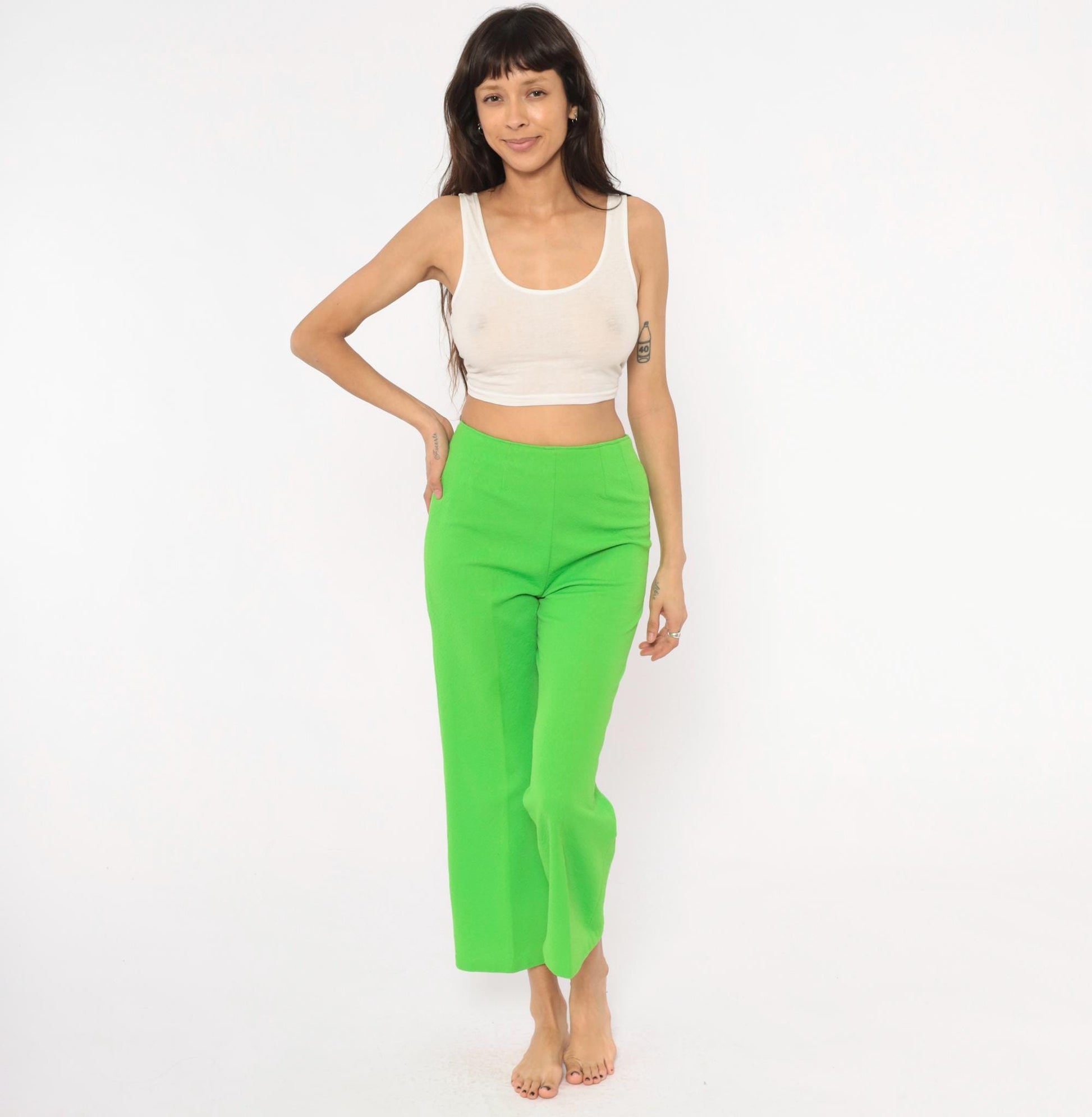 70s Lime Green High-Waist Wide Leg Flare Pants Ankle Length Small S