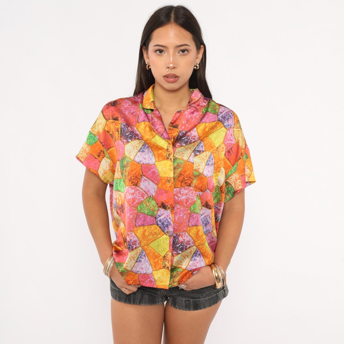 2000s Mosaic Stained Glass Camp Collar Shirt Geometric Blouse Large L