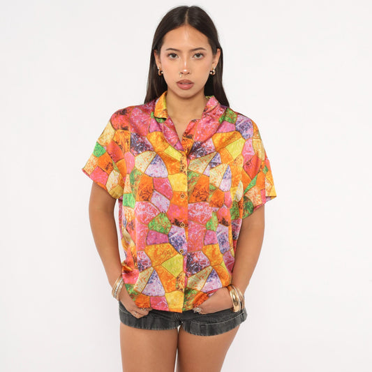 2000s Mosaic Stained Glass Camp Collar Shirt Geometric Blouse Large L