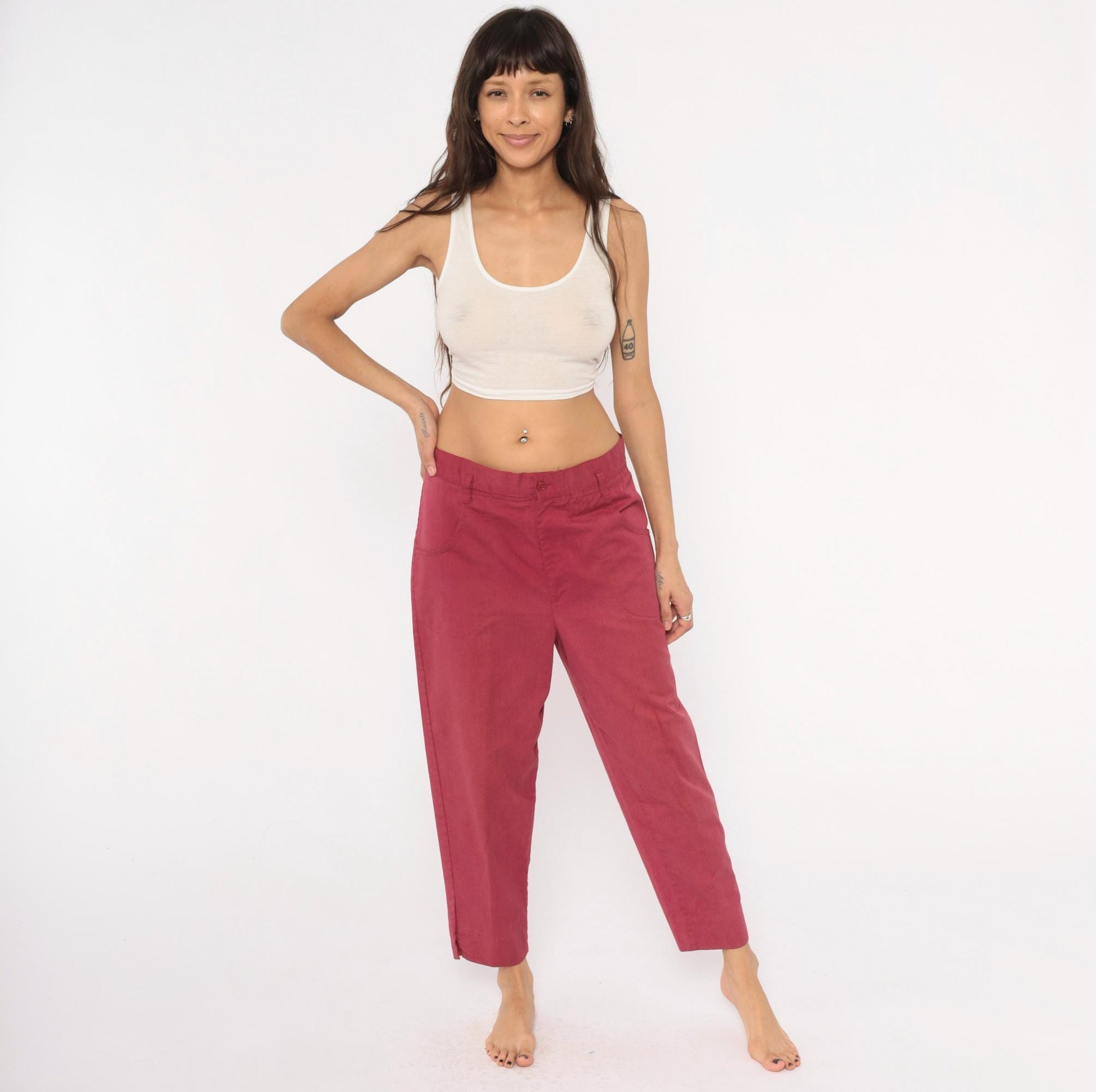 80s Double Take Burgundy Tapered Trousers Cropped Ankle Cotton Blend Women's 33