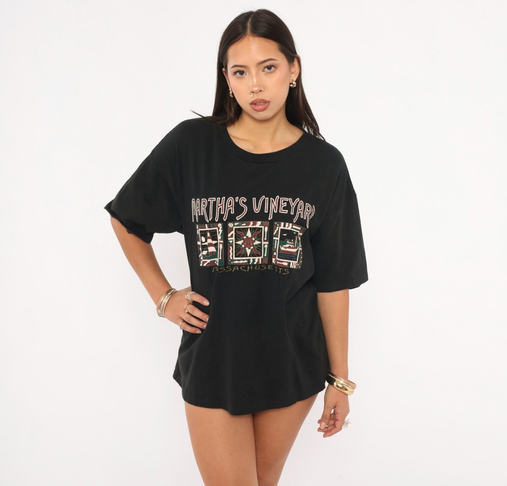 90s Martha's Vineyard Massachusetts Graphic Tee Black Cotton Oneita Large L