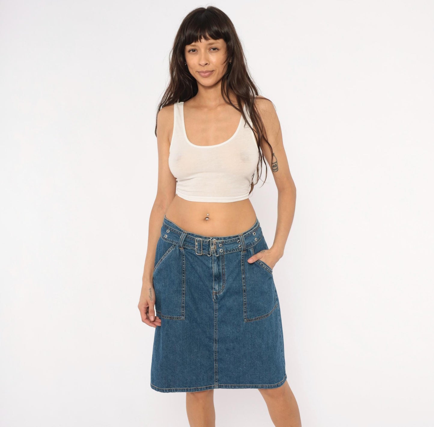 2000s Bill Blass Belted Denim Mini Skirt Indigo Cotton Medium M