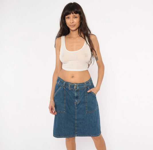 2000s Bill Blass Belted Denim Mini Skirt Indigo Cotton Medium M