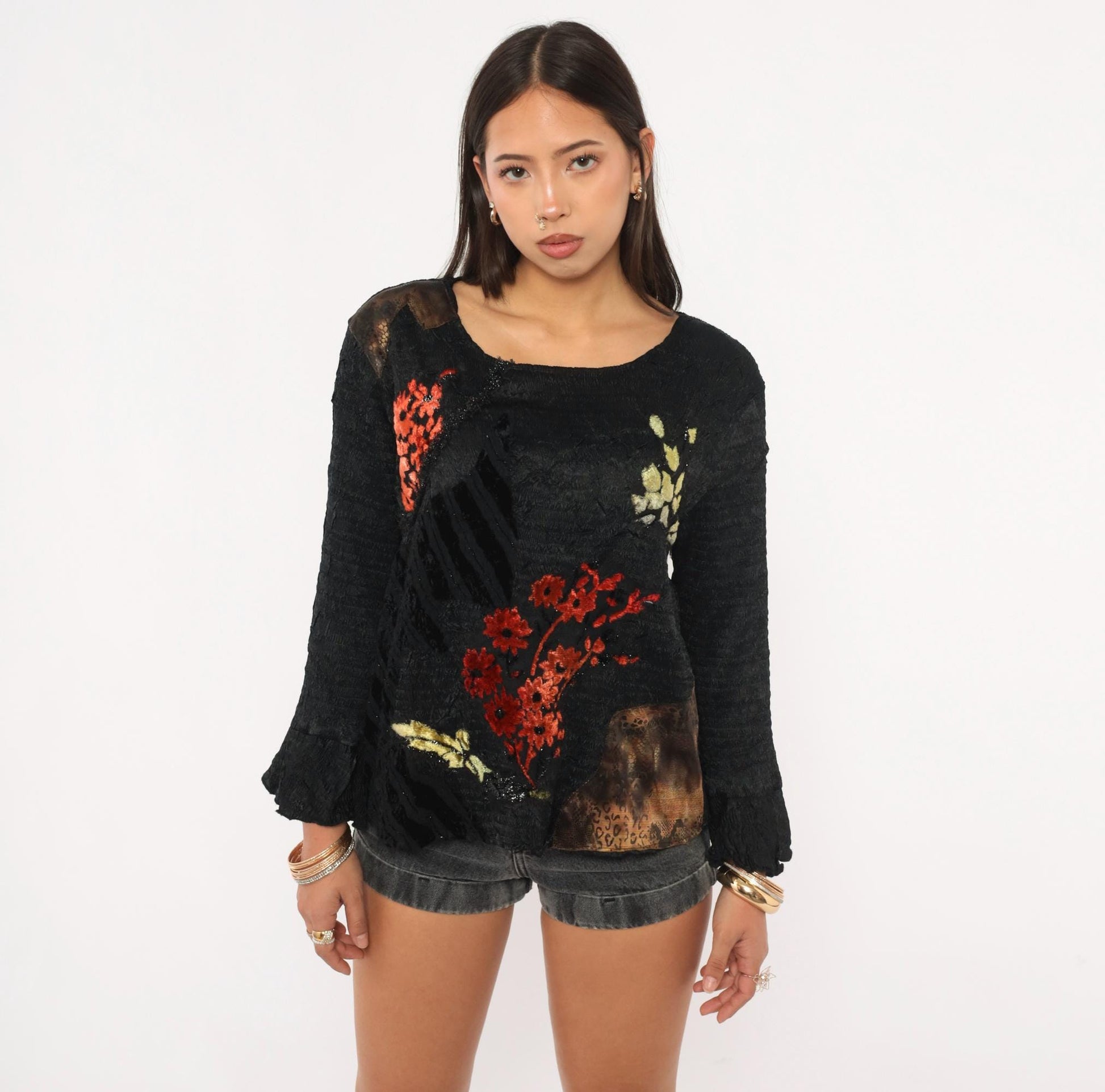 Alberto Makali 2000s Black Knit Top Red Velvet Floral Bell Sleeve Extra Large XL