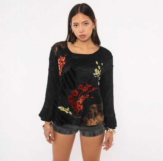 Alberto Makali 2000s Black Knit Top Red Velvet Floral Bell Sleeve Extra Large XL