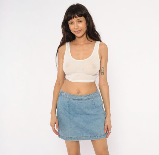 90s Exp Light Wash Denim Mini Skirt A-Line Low Rise Medium M