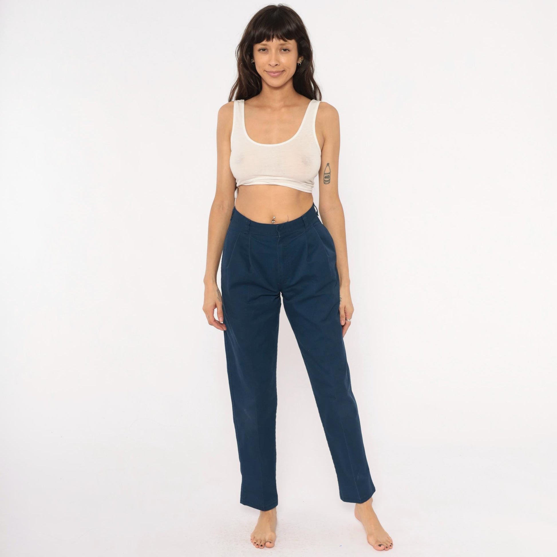 80s Mark Twain Navy Pleated Trousers High Waist Tapered Ankle Length Small