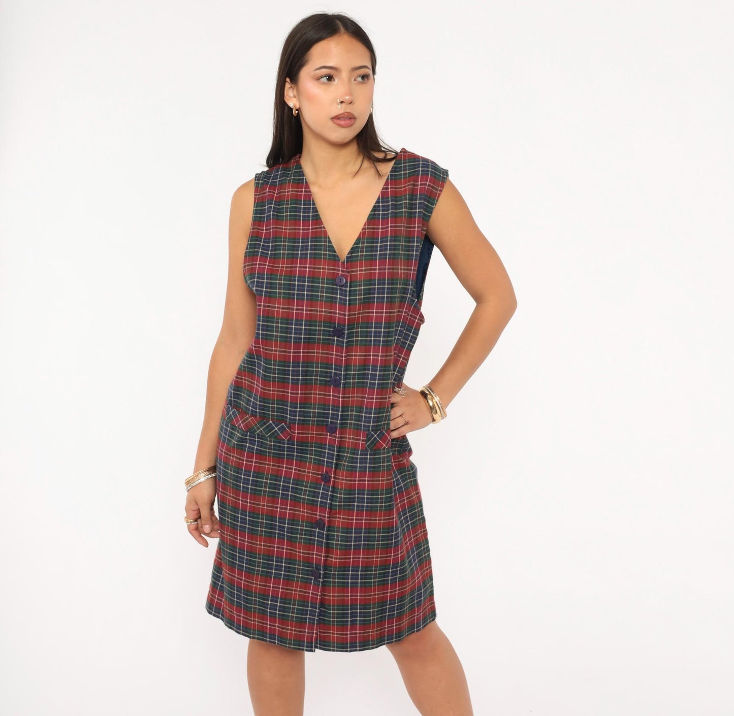 90s Baxter Wells Plaid Jumper Dress Navy Red Green Tartan Knee-Length Large L