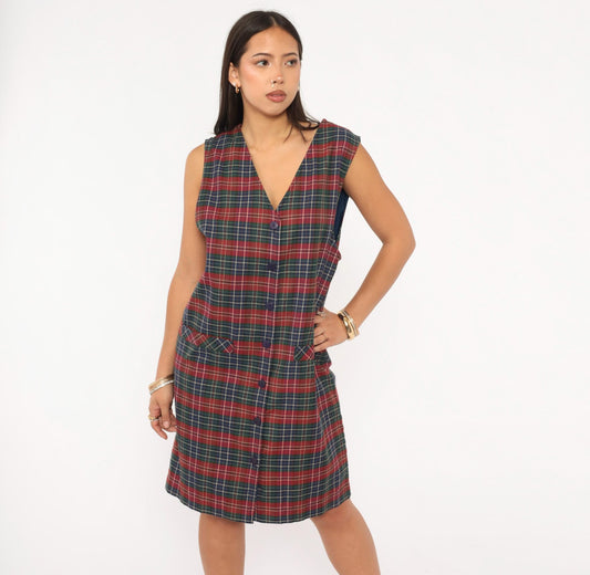90s Baxter Wells Plaid Jumper Dress Navy Red Green Tartan Knee-Length Large L