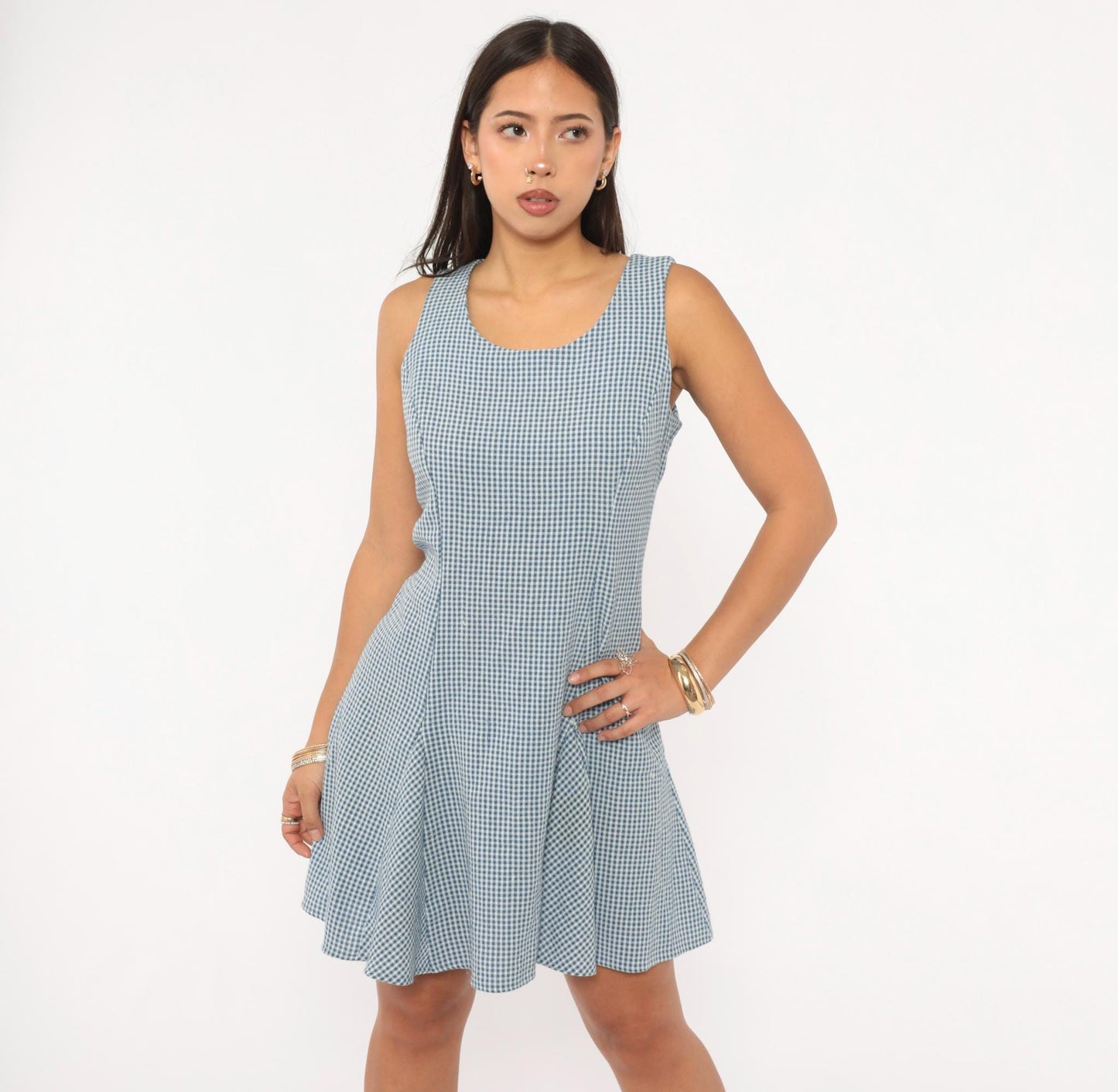 90s Especially Yours Gingham Mini Dress Blue White Lace-Up Back Medium