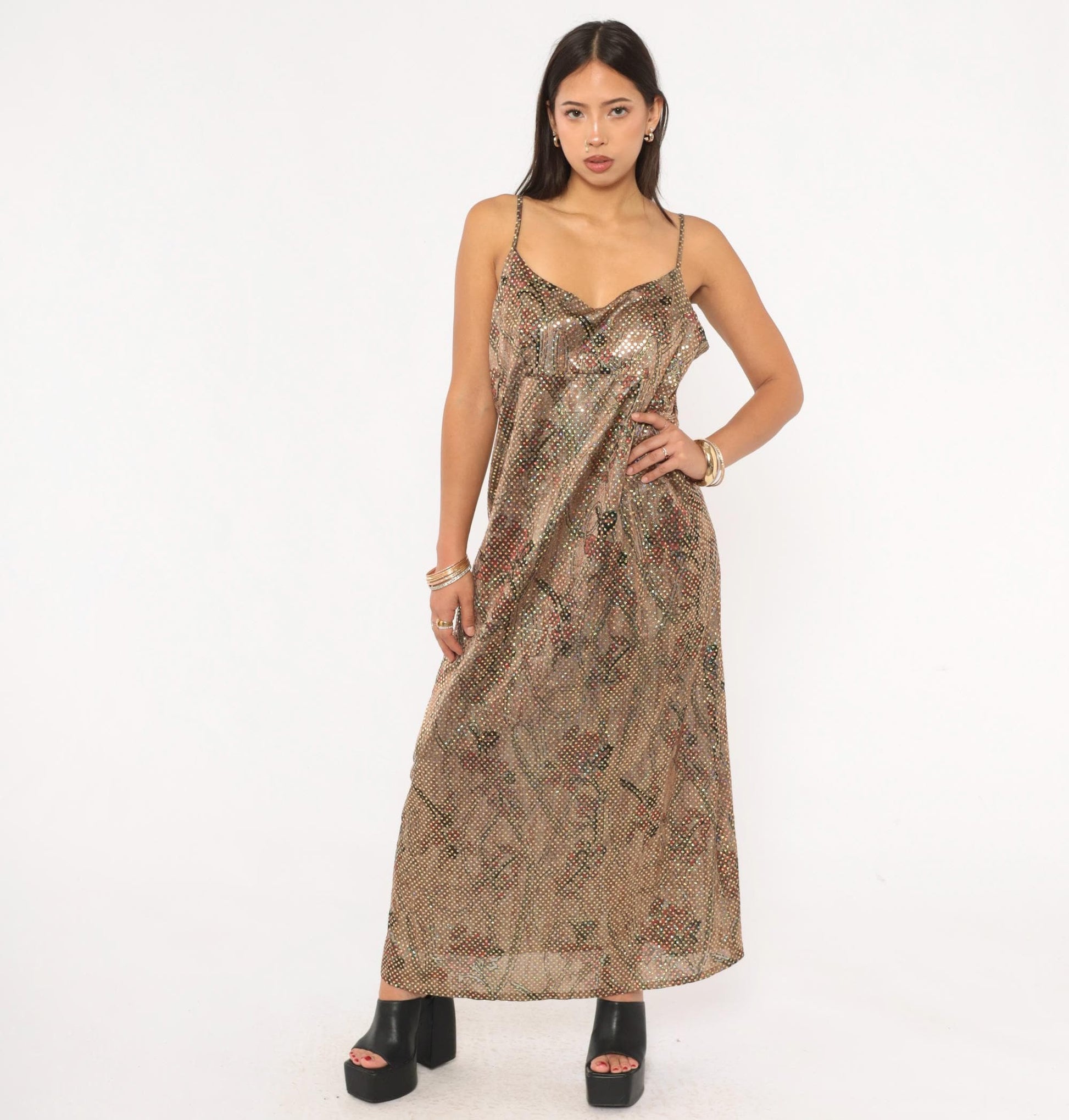 90s Metallic Shimmer Maxi Slip Dress Tan Burgundy Floral Gold Spaghetti Strap Large L