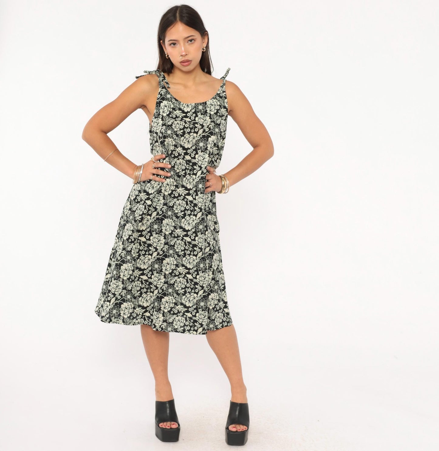 80s Floral Bird Print Sundress Black Cream Tie Shoulder A-Line Knee Length Medium M