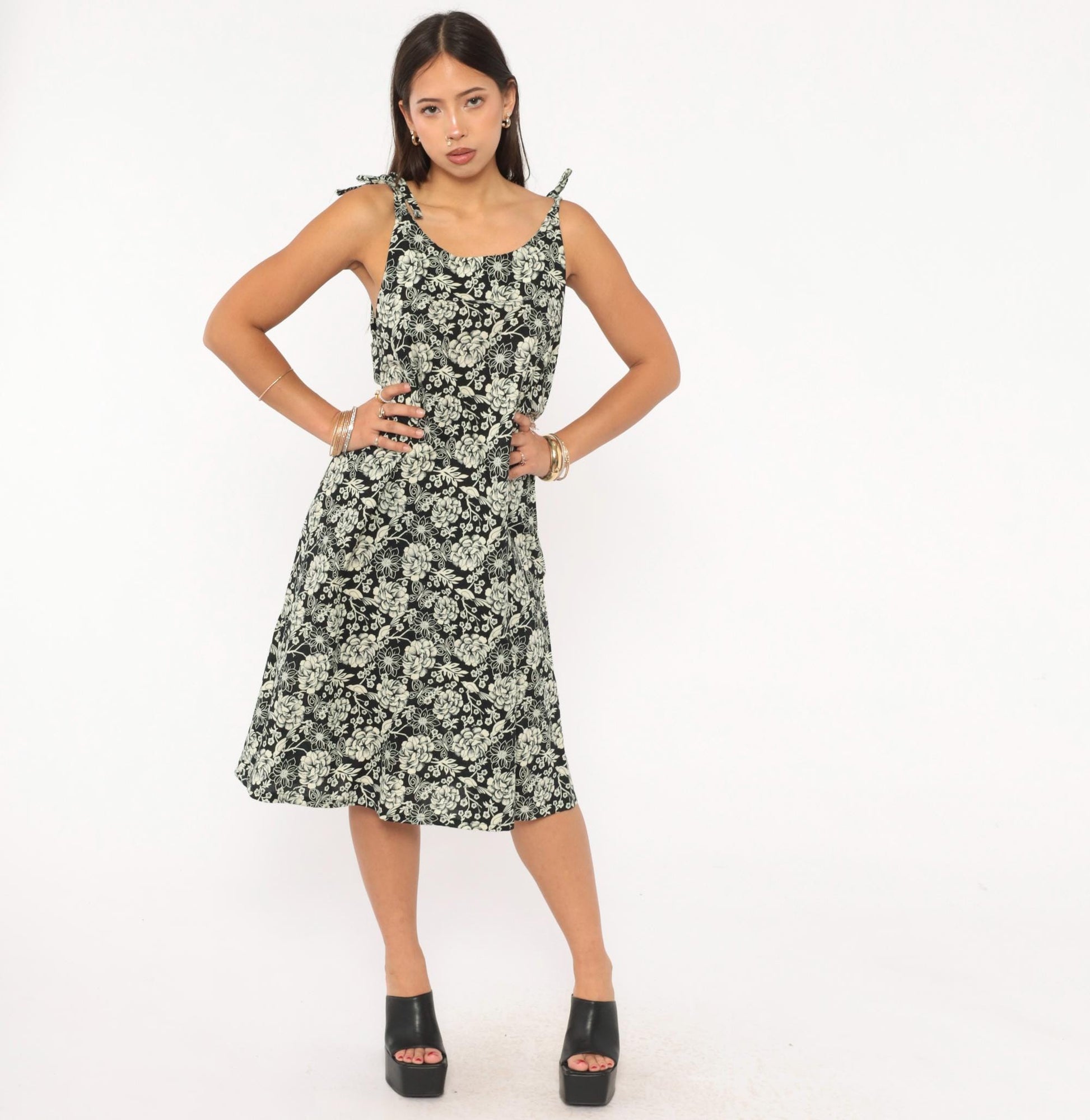 80s Floral Bird Print Sundress Black Cream Tie Shoulder A-Line Knee Length Medium M
