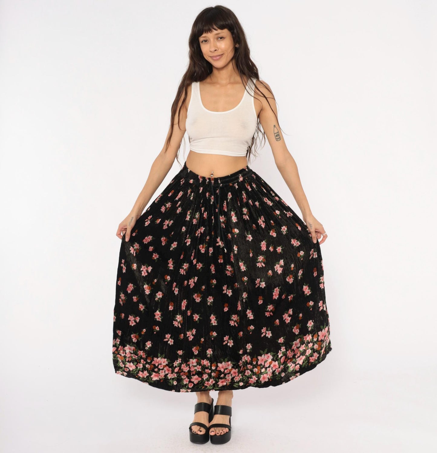 90s Xford Black Crushed Velvet Maxi Skirt Pink Floral Print One Size