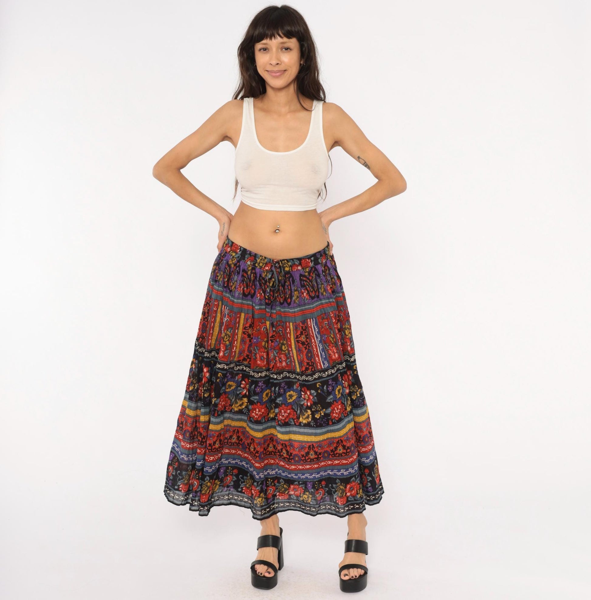90s Phool Tiered Maxi Skirt Floral Geometric Print Cotton Plus Size 3X