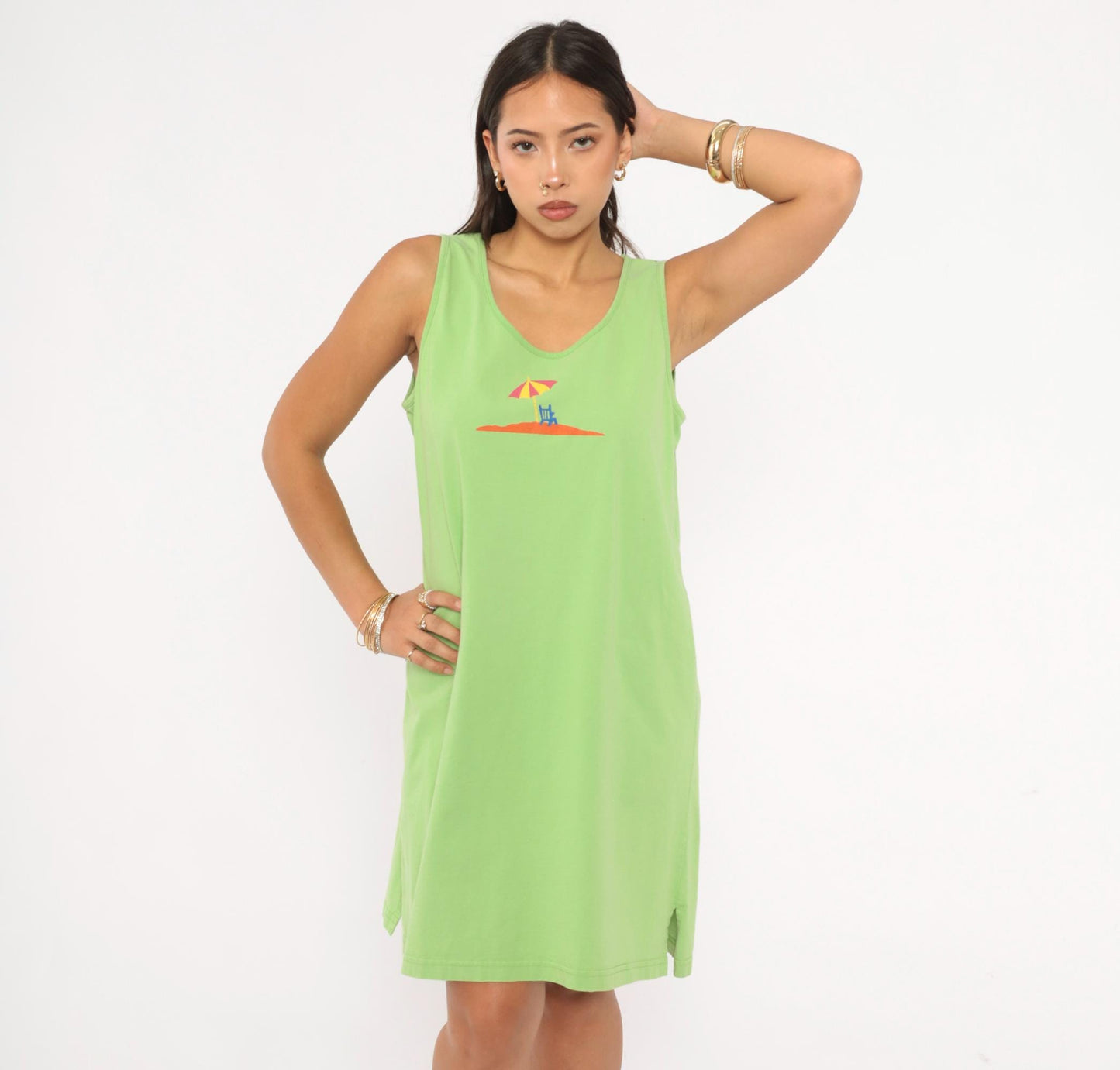 90s Jennifer Moore Beach Umbrella Tank Dress Sage Green Cotton Large L