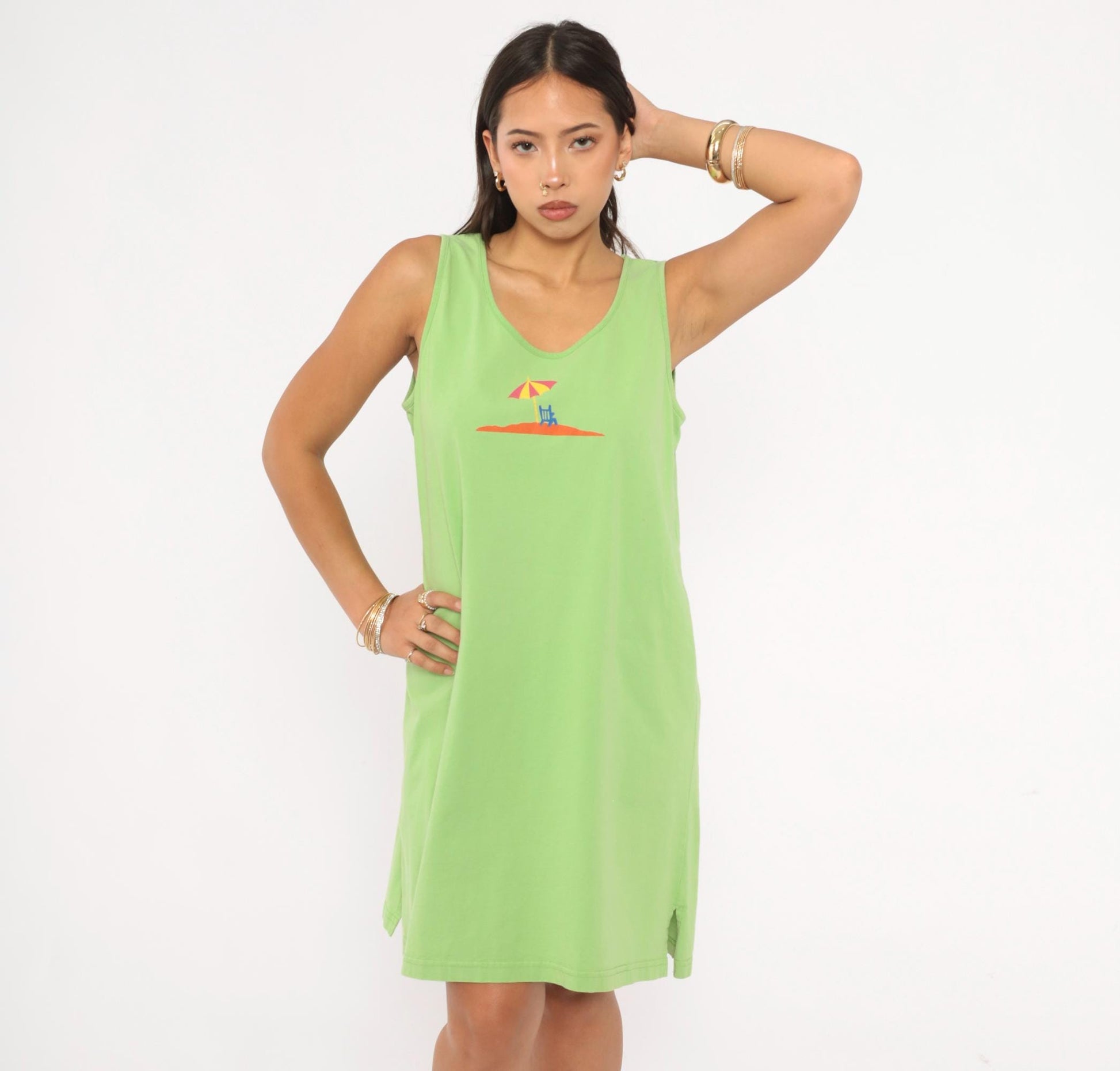 90s Jennifer Moore Beach Umbrella Tank Dress Sage Green Cotton Large L