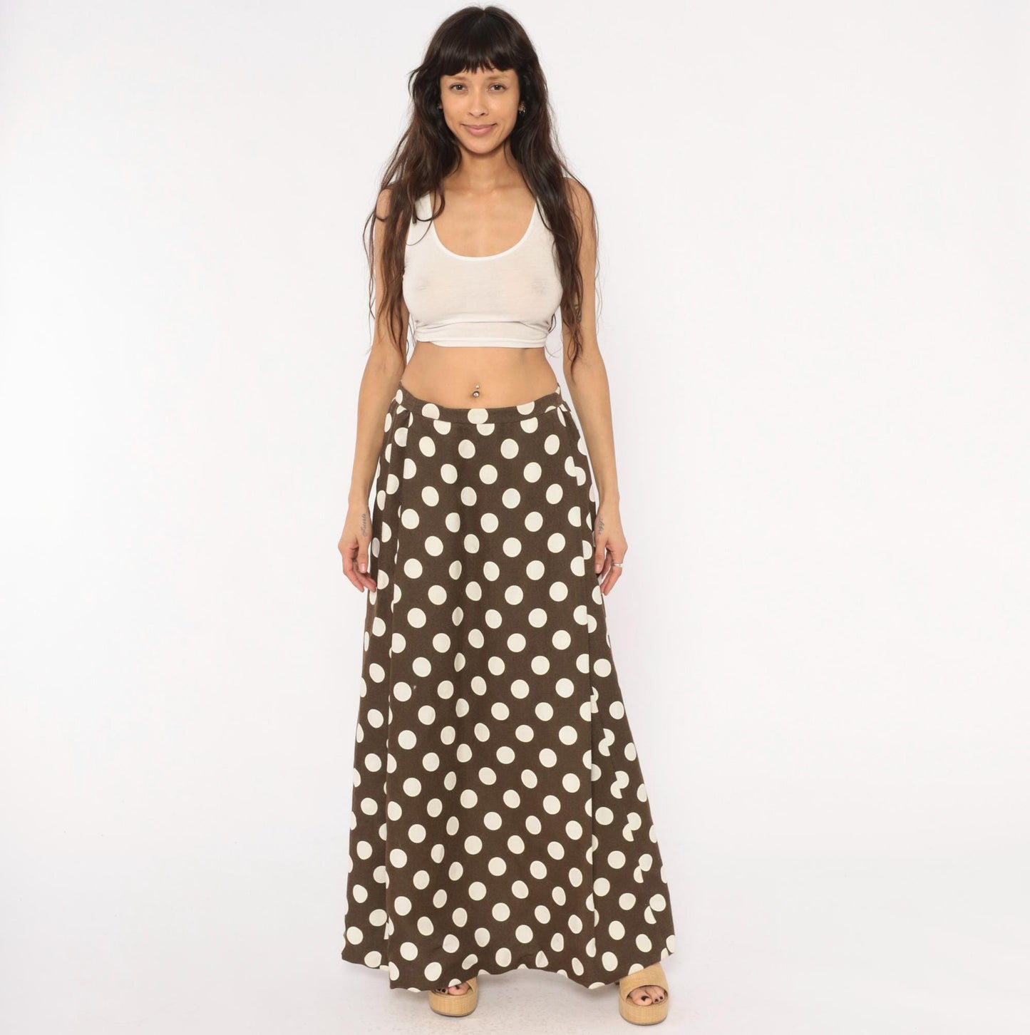 70s Brown Cream Polka Dot Maxi Skirt A-Line Cotton Gathered Waist Medium