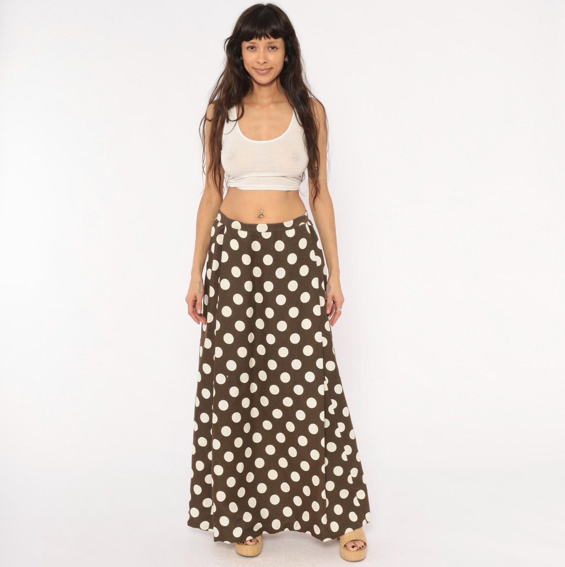 70s Brown Cream Polka Dot Maxi Skirt A-Line Cotton Gathered Waist Medium