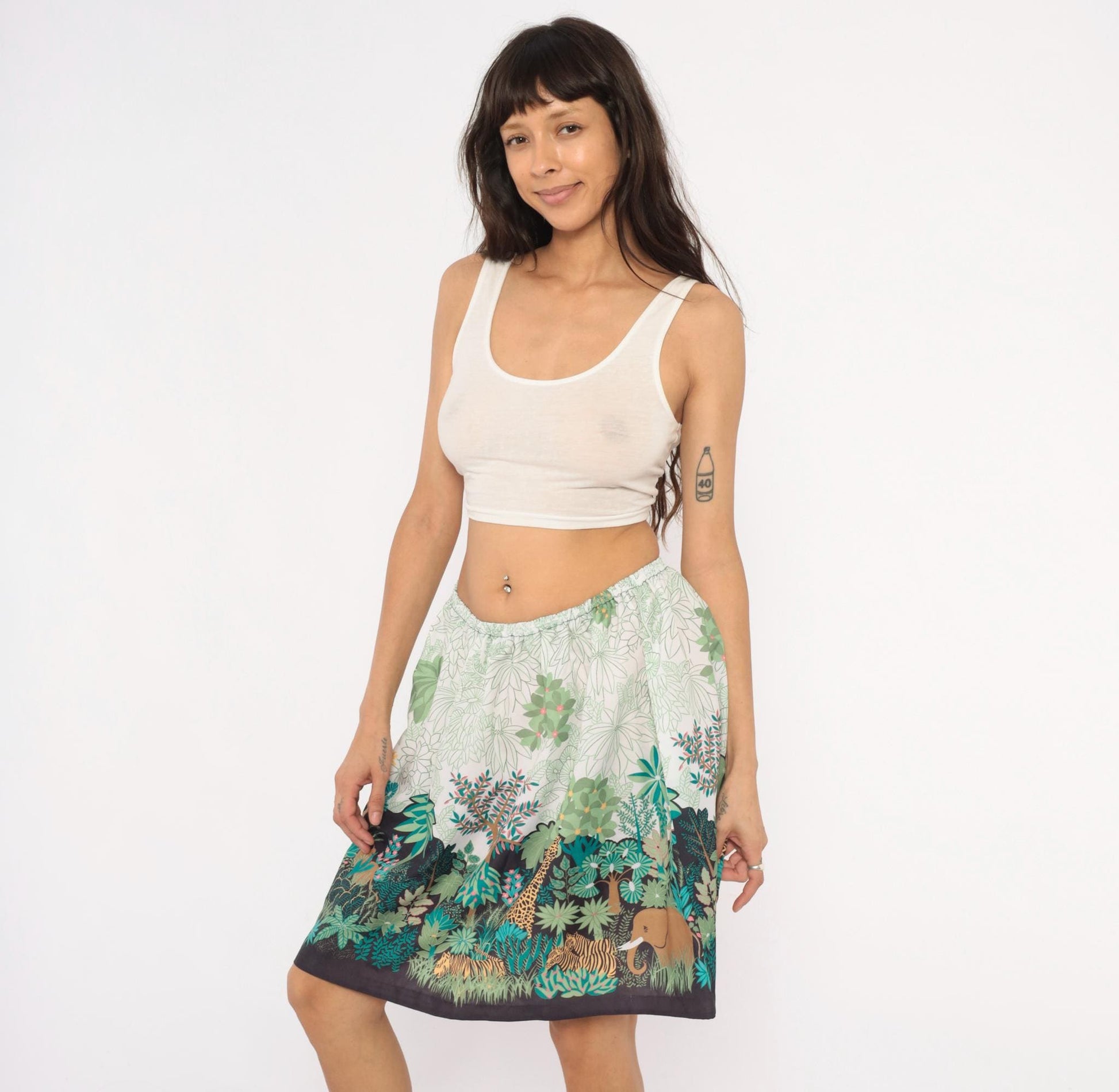 80s Jungle Safari Animal Print A-Line Skirt Knee-Length Cream Small Medium