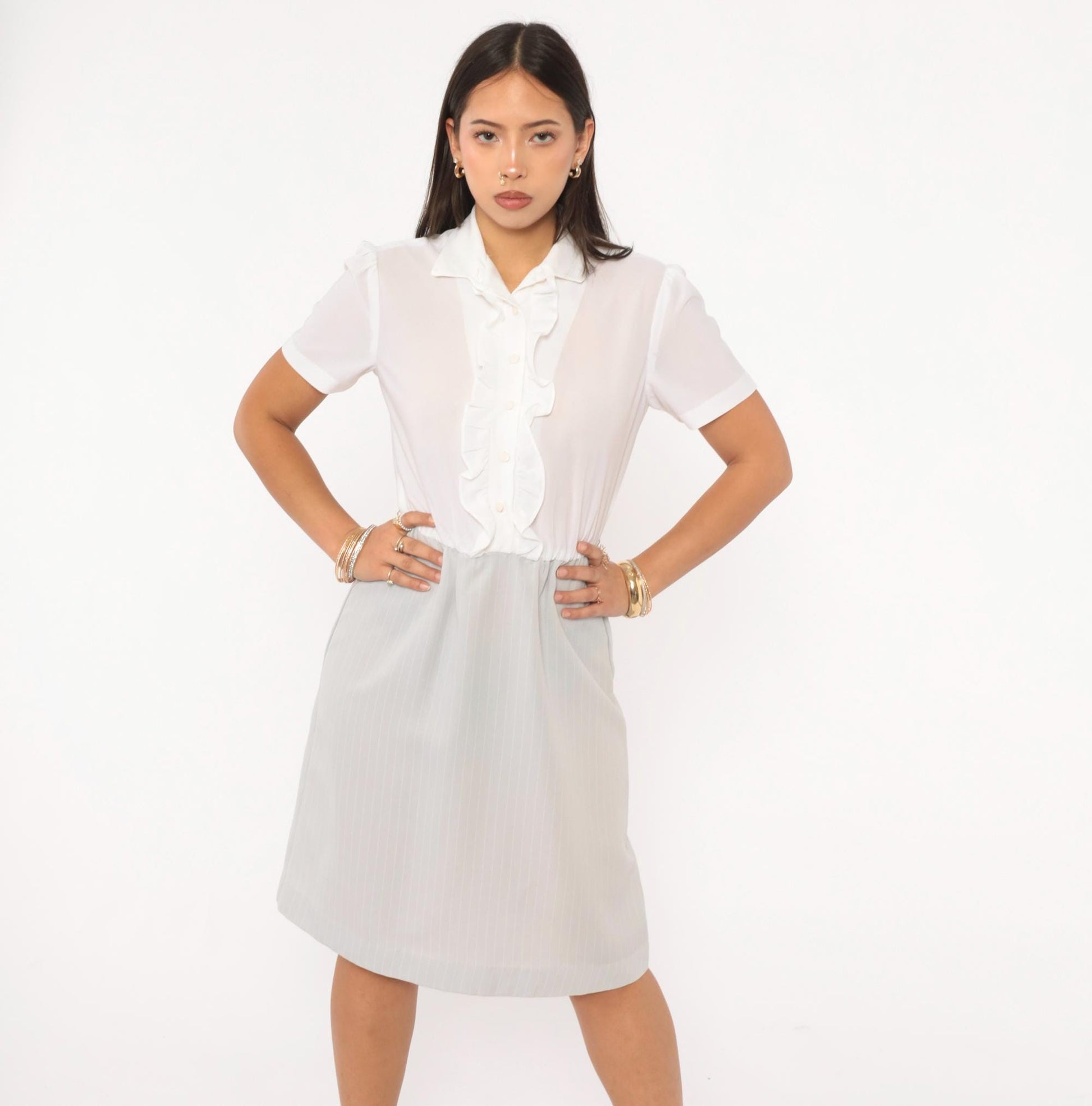 80s Two-Tone Shirtdress White Ruffle Pinstripe Grey Puff Sleeve Small Medium