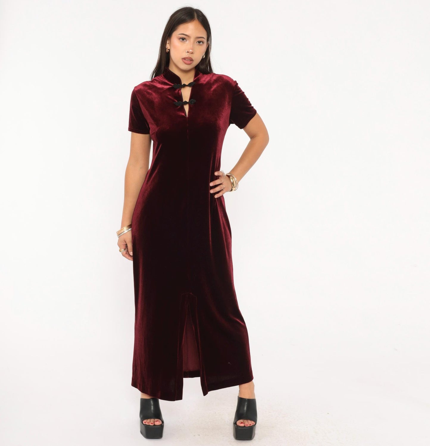 90s Dressing Clio Burgundy Velvet Cheongsam Maxi Dress Mandarin Collar Medium M