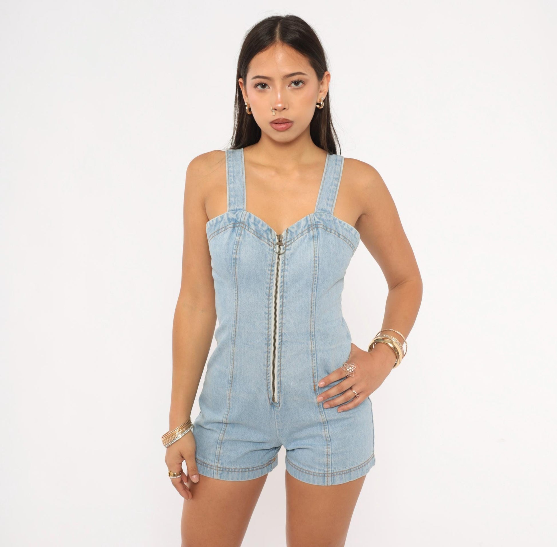 90s Pottery Denim Mini Romper Light Wash Sweetheart Neckline Extra Small XS