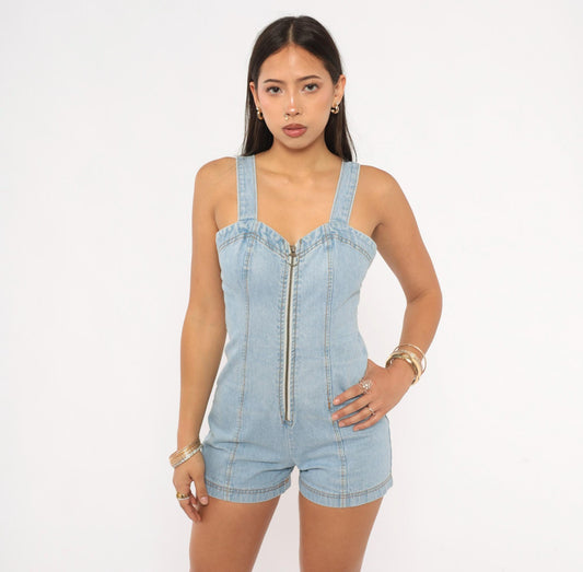 90s Pottery Denim Mini Romper Light Wash Sweetheart Neckline Extra Small XS