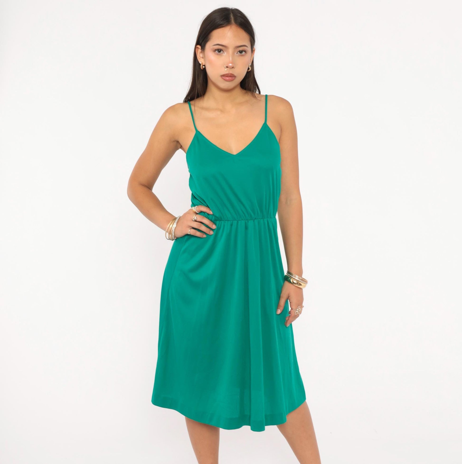 70s Teal Spaghetti Strap Sundress V Neck Gathered Waist Knee Length Extra Small